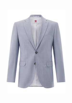 Hellblaues Herren-Blazer mit Kerbkragen, zwei vorderen Knöpfen, Pattentaschen und weißem Innenfutter.