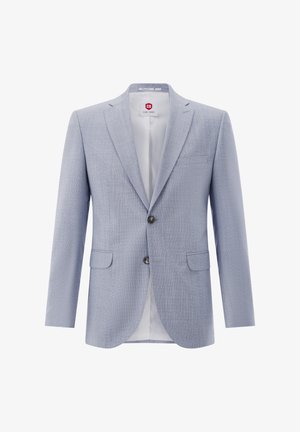 Light blue men's blazer with notch lapels, two front buttons, flap pockets, and a white inner lining.
