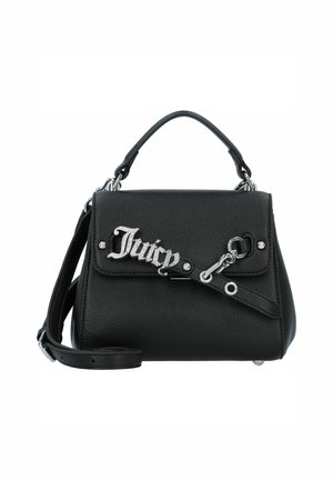 Black faux leather handbag with a structured shape, featuring a silver "Juicy" logo, metallic accents, and dual carrying options: a top handle and a shoulder strap.
