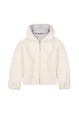 Cremefarbene Kapuzenjacke mit Reißverschluss, weicher, flauschiger Textur und langen Ärmeln, hellgraues Innenfutter sichtbar in der Kapuze.