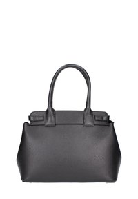 Sac à main en cuir noir avec une finition texturée, une forme structurée, deux poignées supérieures et deux sangles d'accent à la base.