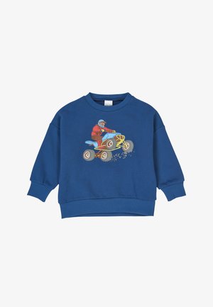 Blauer Sweatshirt aus Baumwolle, mit einem grafischen Druck einer Person auf einem gelben Quad. Rippbündchen und Saum; lässige Passform.