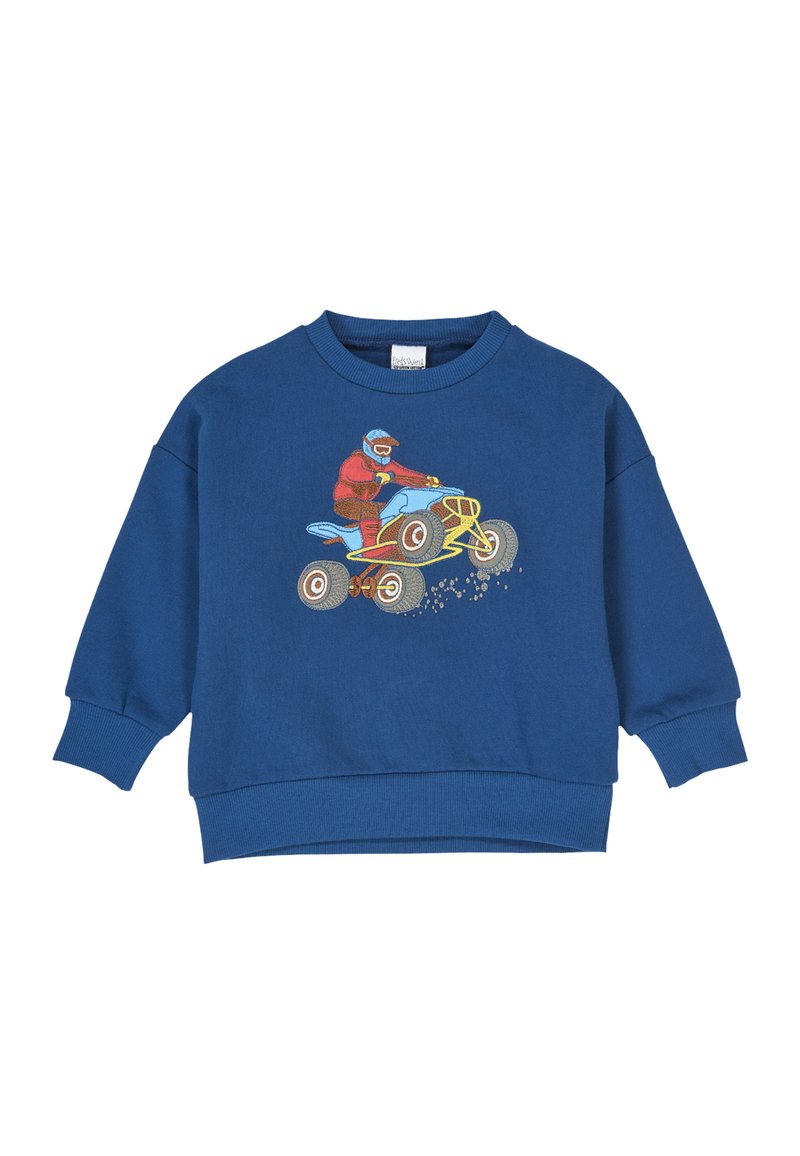 Felpa blu in cotone, con grafica di una persona su un quad giallo. Maniche e orlo a costine; design dal taglio morbido.
