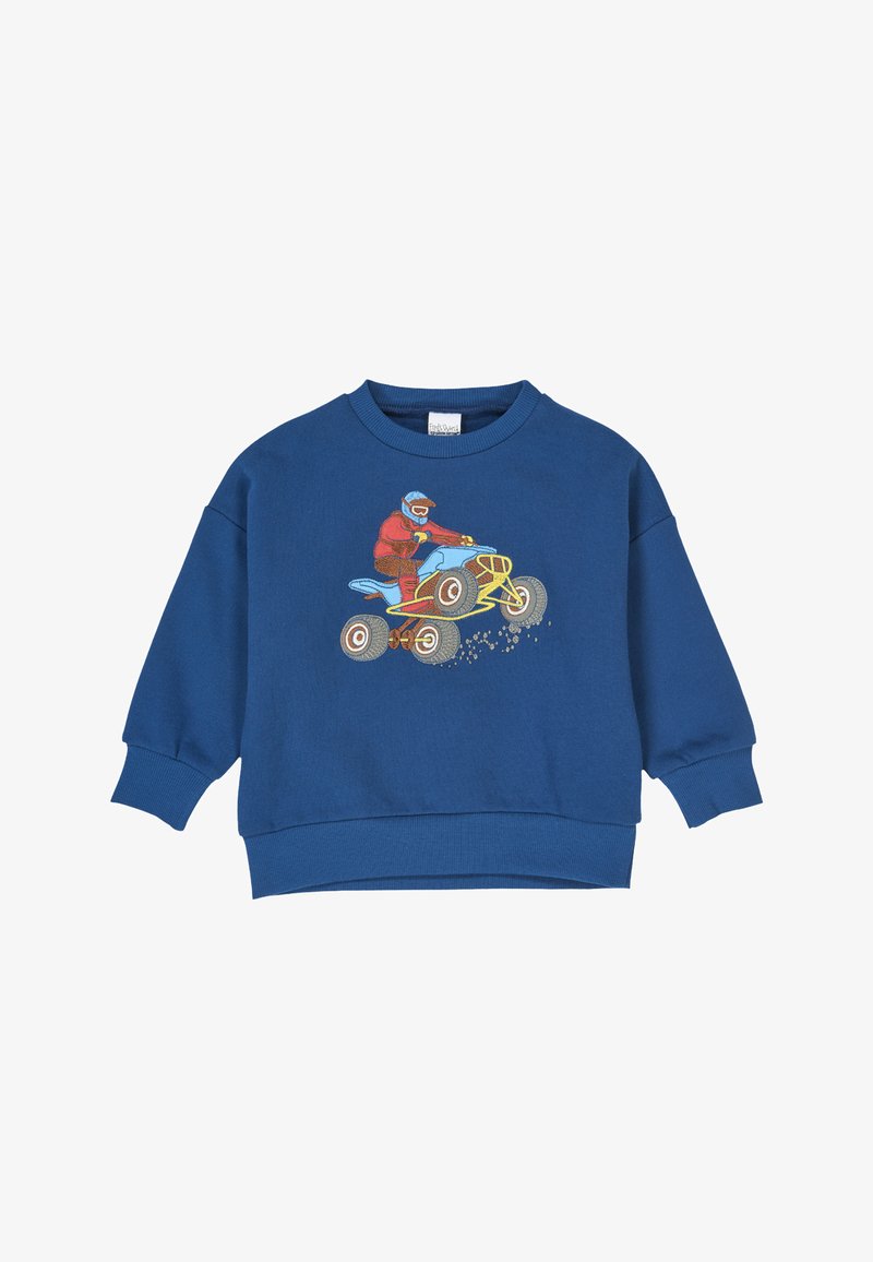Blue sweatshirt made of cotton, featuring a graphic of a person on a yellow quad bike. Ribbed cuffs and hem; relaxed fit design.
