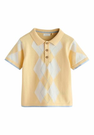 Yellow polo shirt with a diamond pattern in white and light blue accents. Features a collared neckline and three brown buttons. Soft fabric.
