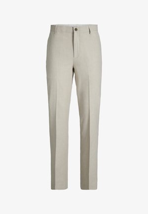Pantalon en lin beige avec une finition légèrement texturée, doté d'une fermeture à un seul bouton, de poches avant et d'une coupe droite.