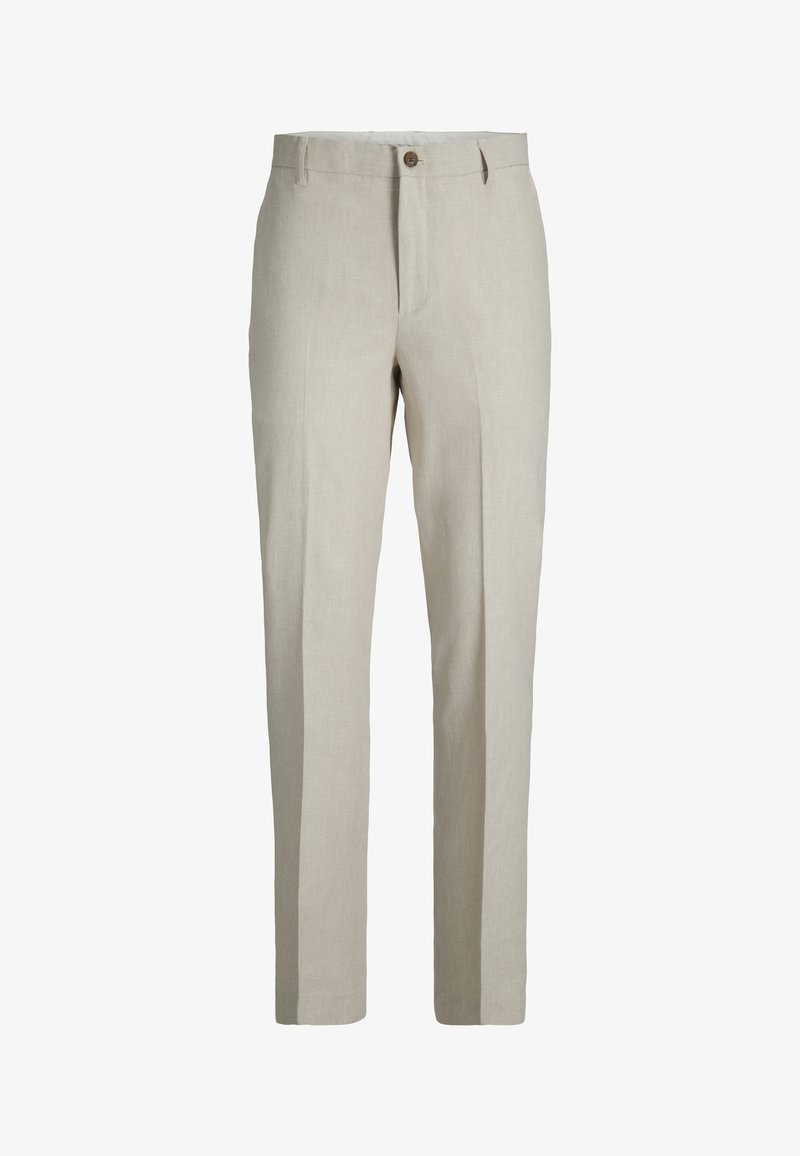 Pantalon en lin beige avec une finition légèrement texturée, doté d'une fermeture à un seul bouton, de poches avant et d'une coupe droite.