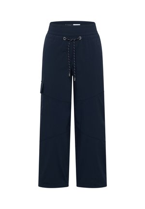 Marineblaue Weitbein-Hose mit elastischem Bund, verstellbarem Kordelzug und seitlicher Cargotasche, entworfen für Komfort und lässiges Tragen.