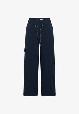 Marineblaue Weitbein-Hose mit elastischem Bund, verstellbarem Kordelzug und seitlicher Cargotasche, entworfen für Komfort und lässiges Tragen.