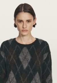 Maglione a maglia realizzato in materiale morbido, di un verde scuro e grigio, con un motivo argyle caratterizzato da forme diamante. Collo rotondo e maniche lunghe.