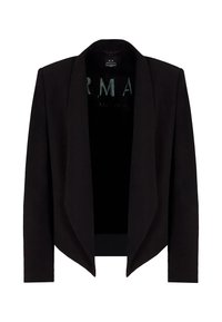 Blazer nero con design anteriore drappeggiato, maniche lunghe e una texture di tessuto liscia. Nessun bottone o chiusura è visibile.