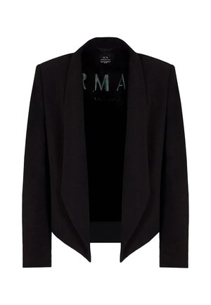 Blazer nero con design anteriore drappeggiato, maniche lunghe e una texture di tessuto liscia. Nessun bottone o chiusura è visibile.