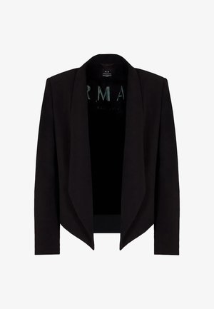 Blazer nero con design anteriore drappeggiato, maniche lunghe e una texture di tessuto liscia. Nessun bottone o chiusura è visibile.