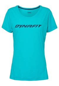 Camiseta deportiva turquesa hecha de un tejido ligero que presenta mangas cortas y un escote redondeado, con el logo "DYNAFIT" en azul oscuro.