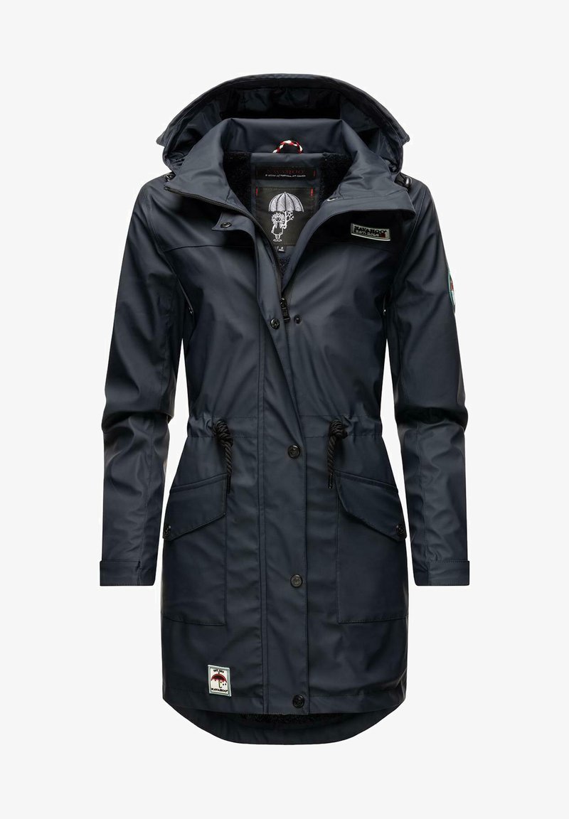 Marine waterdichte parka met een trekkoord in de taille, twee voorzakken en een grote capuchon. Voorzien van een logo-opdruk op de voorkant.