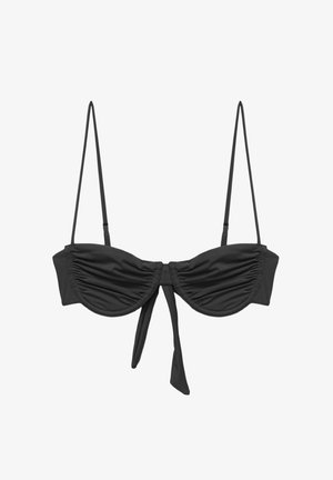 Svart bikiniöverdel med rynkade kupor och tunna justerbara remmar, med knytning i fronten. Slät tyg med en enkel design.