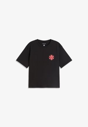Black short-sleeve t-shirt with a red and pink circular graphic on the left chest and a round neckline.
