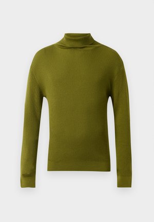 Green ribbed turtleneck sweater with long sleeves, crafted from a soft, textured material. Features a fitted silhouette and high neck.