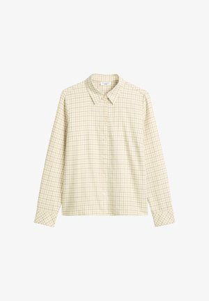 Jasnożółta koszula na guziki z wzorem w kratkę, długimi rękawami oraz klasycznym kołnierzem o luźnym kroju. Tkanina wydaje się gładka i lekka.