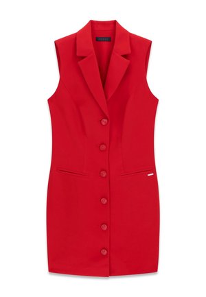 Rode mouwloze blazerjurk met een notch-reverskraag, zes knopen aan de voorkant en twee horizontale steekzakken.