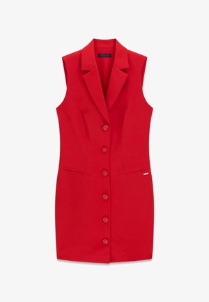 Abito blazer rosso senza maniche con colletto a revers a intaglio, sei bottoni frontali e due tasche a fessura orizzontale.