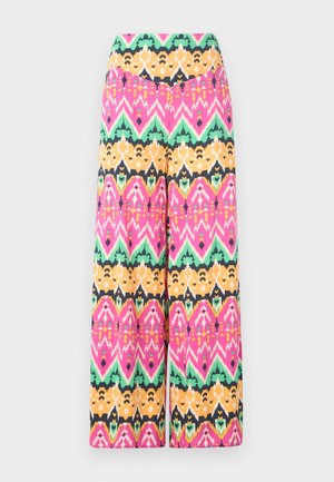 Pantaloni a gamba larga multicolori con motivo geometrico in rosa, verde, arancione e nero. Realizzati in tessuto leggero con una finitura liscia.