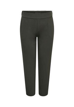 Dark green cropped tapered pants with a wide waistband and smooth front, designed for a slim fit.
