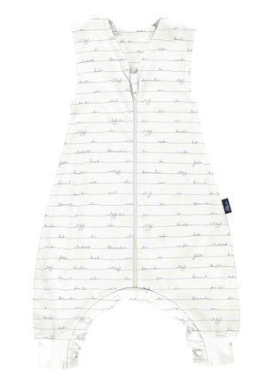 White sleeveless jumpsuit with a front zipper, featuring navy blue handwritten lines and subtle curved leg openings. Soft cotton material.