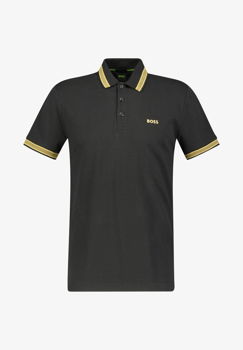 Polo noir à manches courtes avec bordure dorée au col et aux poignets, doté d'une patte de boutonnage à trois boutons et du logo "BOSS" sur la poitrine.