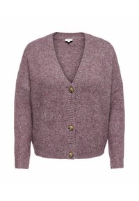 Marl Strickjacke in Mauve mit V-Ausschnitt, langen Ärmeln und vier goldfarbenen Knöpfen auf der Vorderseite; weiche Textur mit lockerer Passform.