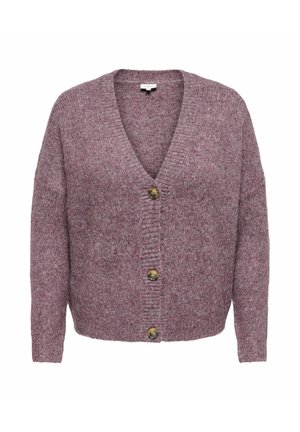 Cardigan in magenta di Marl con scollo a V, maniche lunghe e quattro bottoni in tono oro sul davanti; texture morbida con vestibilità morbida.