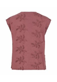 Κοντομάνικη μπλούζα σε dusty rose απόχρωση με υφασμένη κεντητική με λουλουδένια μοτίβα διάσπαρτα στο ύφασμα, με ίσια τελειώματα και στρογγυλή λαιμόκοψη.