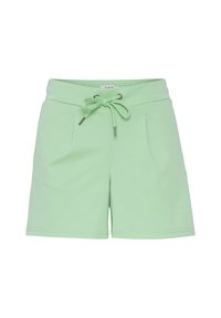 Shorts en coton vert clair avec une taille élastique, cordon de serrage réglable et deux poches avant. Texture lisse, design décontracté.