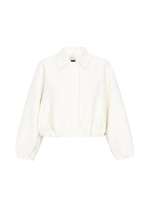 Hvid cropped jakke med lange pufærmer, en spids krave, skjult lukning foran samt elastisk kant og manchetter.