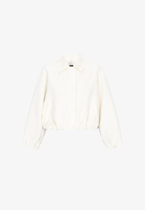 Hvid cropped jakke med lange pufærmer, en spids krave, skjult lukning foran samt elastisk kant og manchetter.