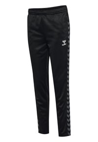 Zwarte sportbroek van gladde stof, met een elastische tailleband, zijstrepen met een visgraatpatroon en een logo op de voorkant.