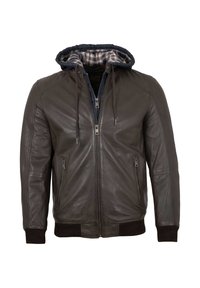 Braune Lederjacke mit Reißverschluss, zwei seitlichen Taschen, gerippten Bündchen und einer Kapuze, die mit navy kariertem Stoff gefüttert ist. Glatte Textur und taillierte Passform.