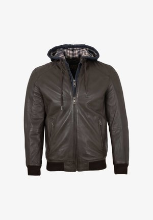 Braune Lederjacke mit Reißverschluss, zwei seitlichen Taschen, gerippten Bündchen und einer Kapuze, die mit navy kariertem Stoff gefüttert ist. Glatte Textur und taillierte Passform.