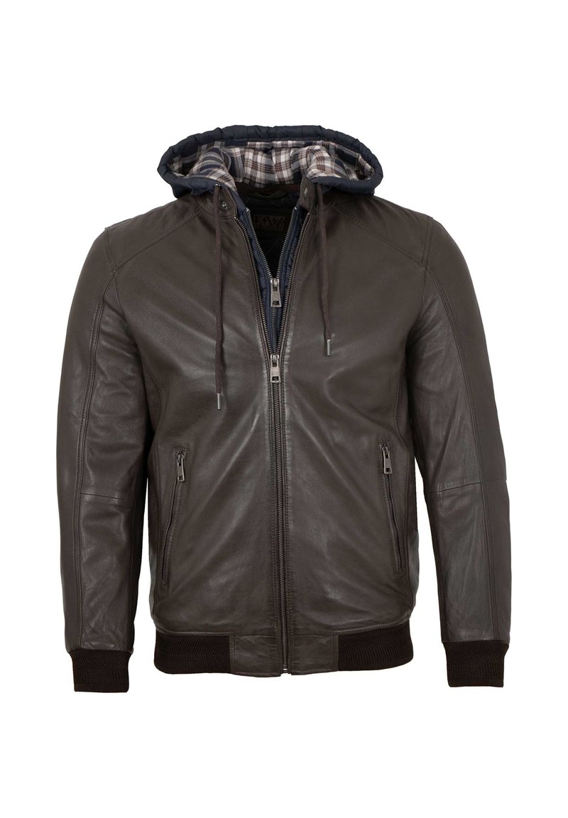 Braune Lederjacke mit Reißverschluss, zwei seitlichen Taschen, gerippten Bündchen und einer Kapuze, die mit navy kariertem Stoff gefüttert ist. Glatte Textur und taillierte Passform.