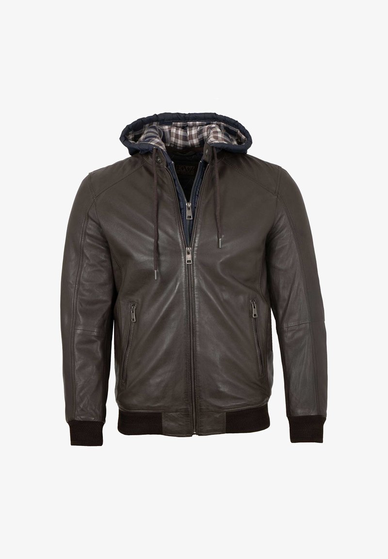 Braune Lederjacke mit Reißverschluss, zwei seitlichen Taschen, gerippten Bündchen und einer Kapuze, die mit navy kariertem Stoff gefüttert ist. Glatte Textur und taillierte Passform.