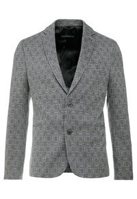 Grijze geblokte blazer met een tweeknopsluiting, geknipt revers en een satijnen binnenvoering. Gelaagd stof met een geruit ontwerp.