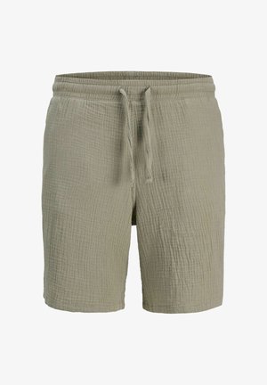 Leicht olivgrüne Shorts aus strukturiertem Stoff, mit elastischem Bund und verstellbarem Kordelzug. Keine sichtbaren Taschen.