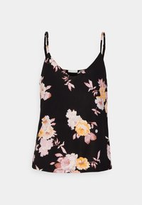Haut noir sans manches avec un motif floral en nuances de rose et de jaune, doté de fines bretelles et d'un décolleté arrondi.