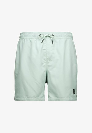 Pantaloni scurți de baie pentru bărbați, de culoare verde deschis, cu talie elastică, șnur ajustabil și un mic logo negru pe partea inferioară a piciorului stâng.