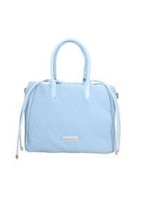 Borsa a mano azzurro chiaro realizzata in materiale testurizzato, con manici doppi, chiusura con zip e un piccolo dettaglio del logo dorato sul davanti.