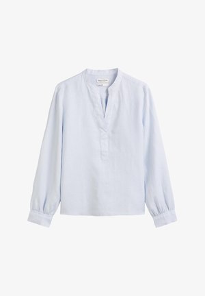 Light blue long-sleeve blouse made of linen, featuring a stand collar, a partial front placket, and gathered sleeves with button cuffs.