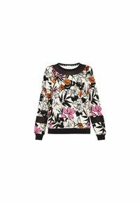 Sweat-shirt blanc à manches longues avec poignets et col noirs, avec un motif floral coloré en rose, orange et noir, avec des détails en mesh.