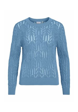 Ljusblå stickad tröja med ett strukturerat bladmönster, rundad hals och ribbade ärmslut samt fåll. Tillverkad av ett mjukt, andningsbart material.