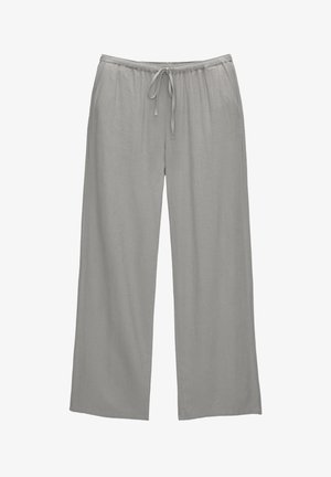 Light gray wide-leg pants made of soft fabric, featuring an elastic waistband with a drawstring, and side pockets.