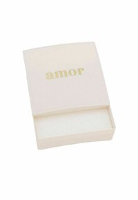 Caja rectangular de color crema con un acabado texturizado, que presenta la palabra "amor" en letras doradas en la tapa. Abierta, con un interior suave.